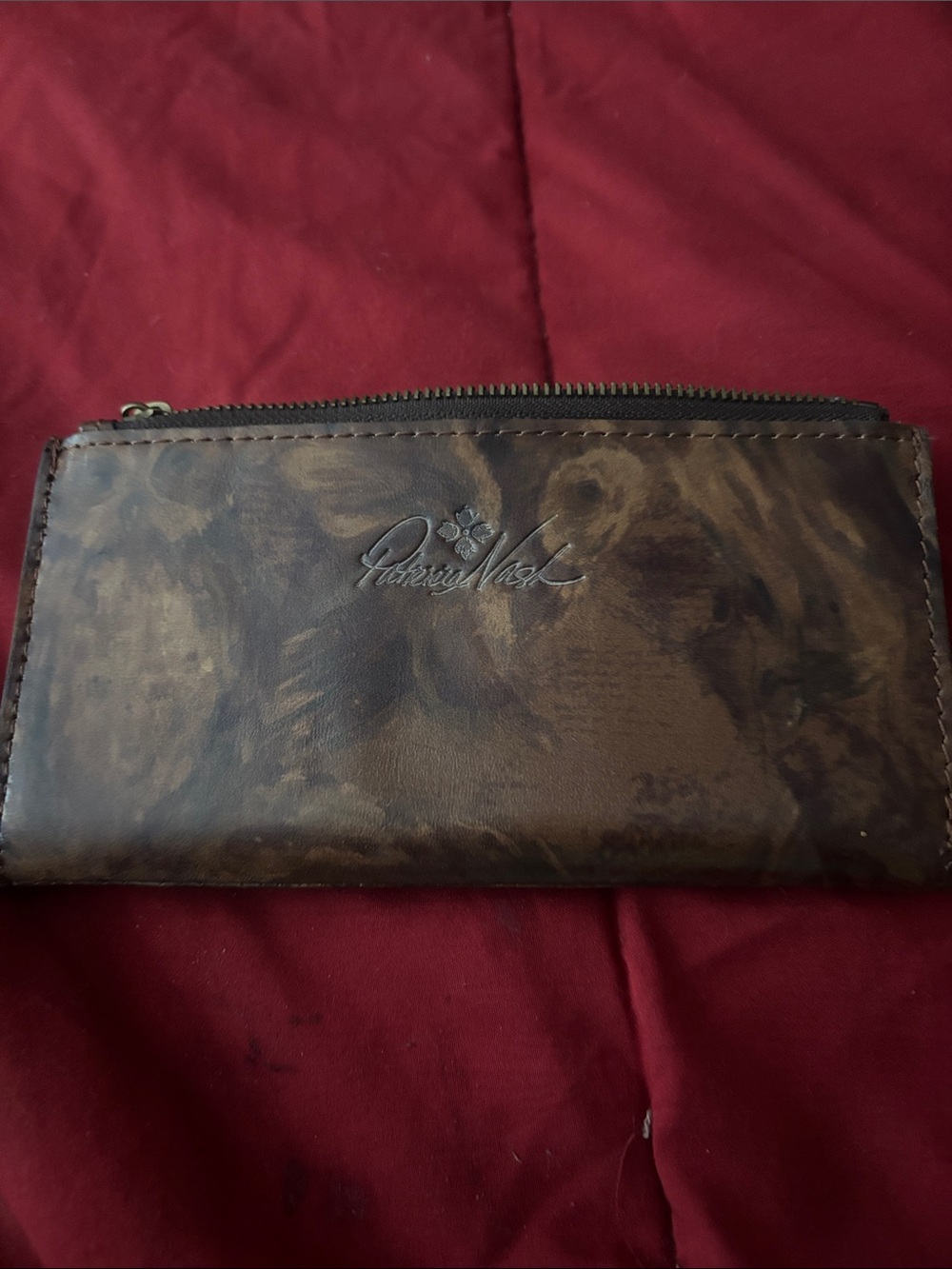 Patricia Nash Distressed Marbled Brown Leather Zip Wallet
